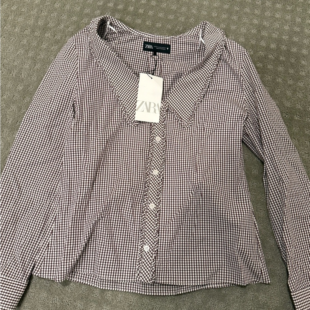 Zara Brown and White Checkered Shirt XS